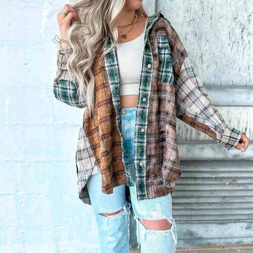 Women's patchwork checkered shirt jacket