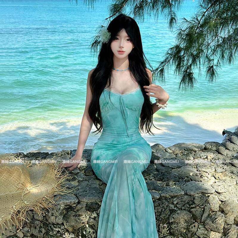 法式浅绿色印花网纱吊带洋装女夏海边度假纯欲性感鱼尾包臀长裙