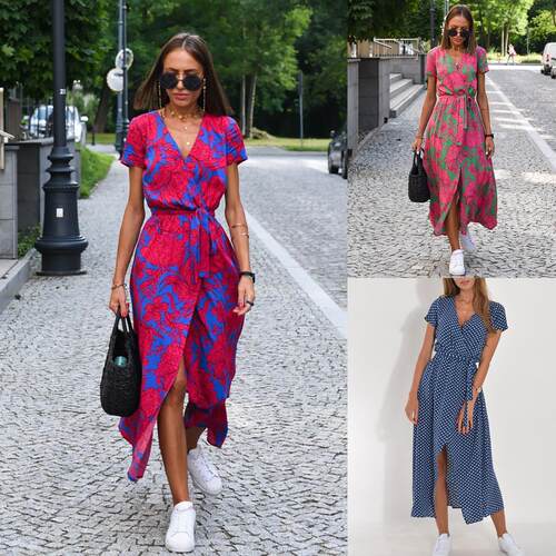 Printed dress V-neck split mid length group
