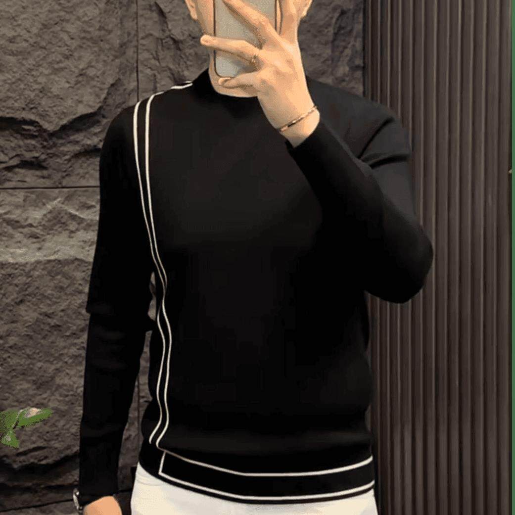 男士轻奢高级感品质长袖针织衫春秋新款修身百搭气质条纹打底上衣