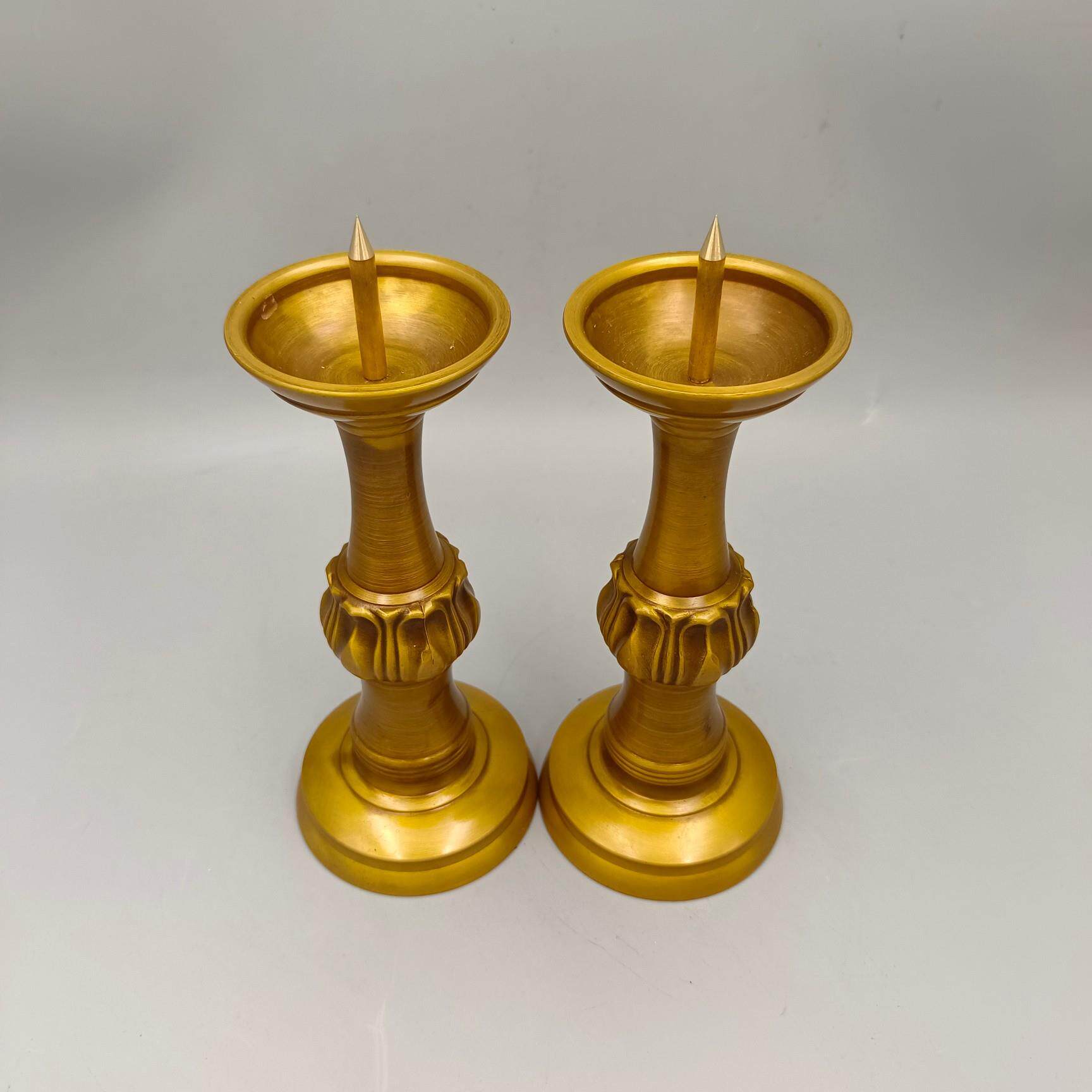 古韵斋 仿古烛台摆件 莲花铜蜡台一对 家居装饰工艺品 古玩