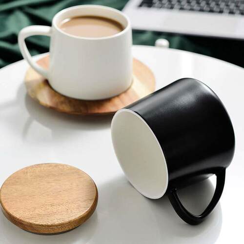 Coffee cup 400ml ceramic tea cup with wooden plate cup cover