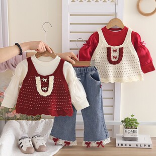 女宝宝春秋洋气时髦2儿童衣服婴儿韩系1岁女童春装蝴蝶结三件套装