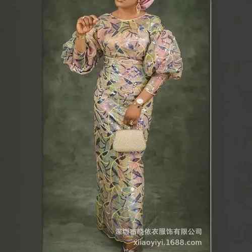 Round Neck Sequin High Waist Sleeve Womens Dress Maxi Dress