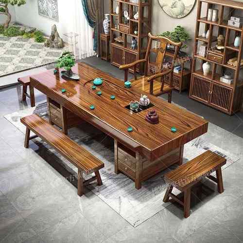 大板实木原木茶桌椅组合一桌五椅新中式茶几办公室家用泡茶台一体