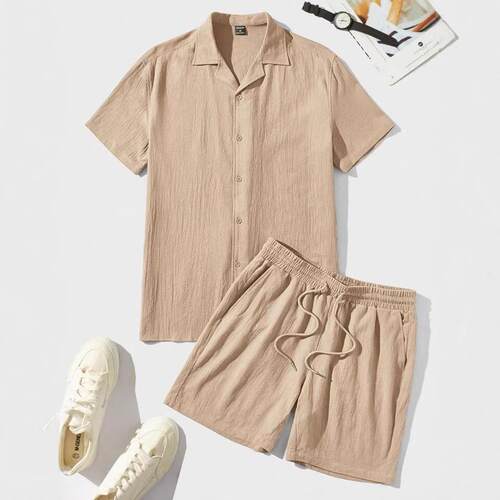 Solid Short Sleeve Pajama Two-piece Set Regular Fit Casual