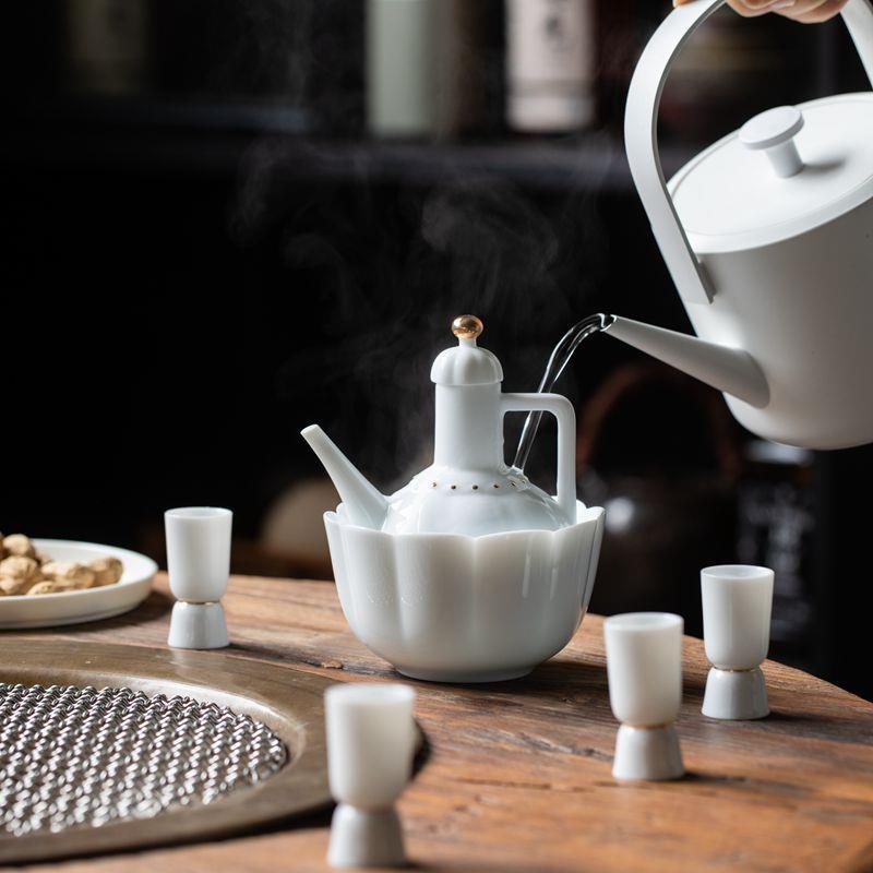 展瓷甜白一壶六杯温酒器酒具套装日式酒器简约高脚杯酒具家用套组