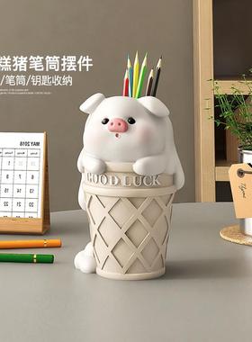 创意可爱猪儿笔筒摆孩男件童房nsd24092装饰孩女办公室桌面化妆刷