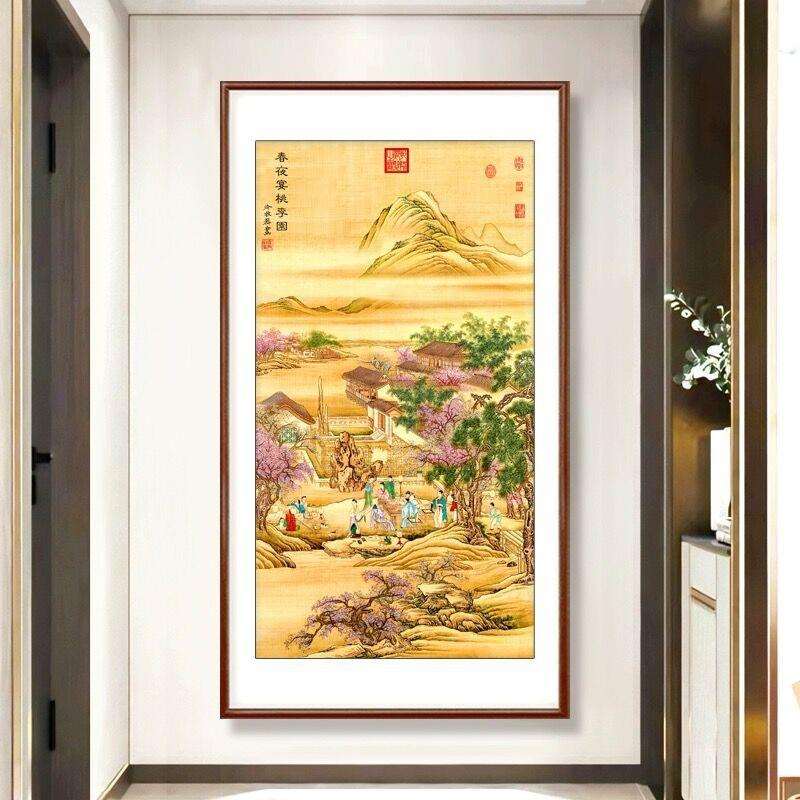 春夜宴桃李园十字绣2024新款线绣客厅大幅大气玄关竖版风景名画图
