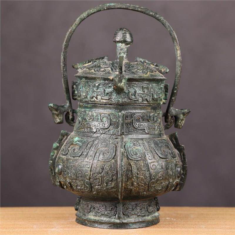 西周兽面纹提梁卣青铜器摆件古鎏金款影视道具古代青铜礼器酒器