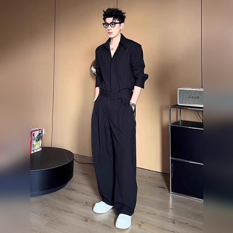 轻奢高级感痞帅竖条纹设计感休闲套装男款夏季衬衫韩系长袖两件套