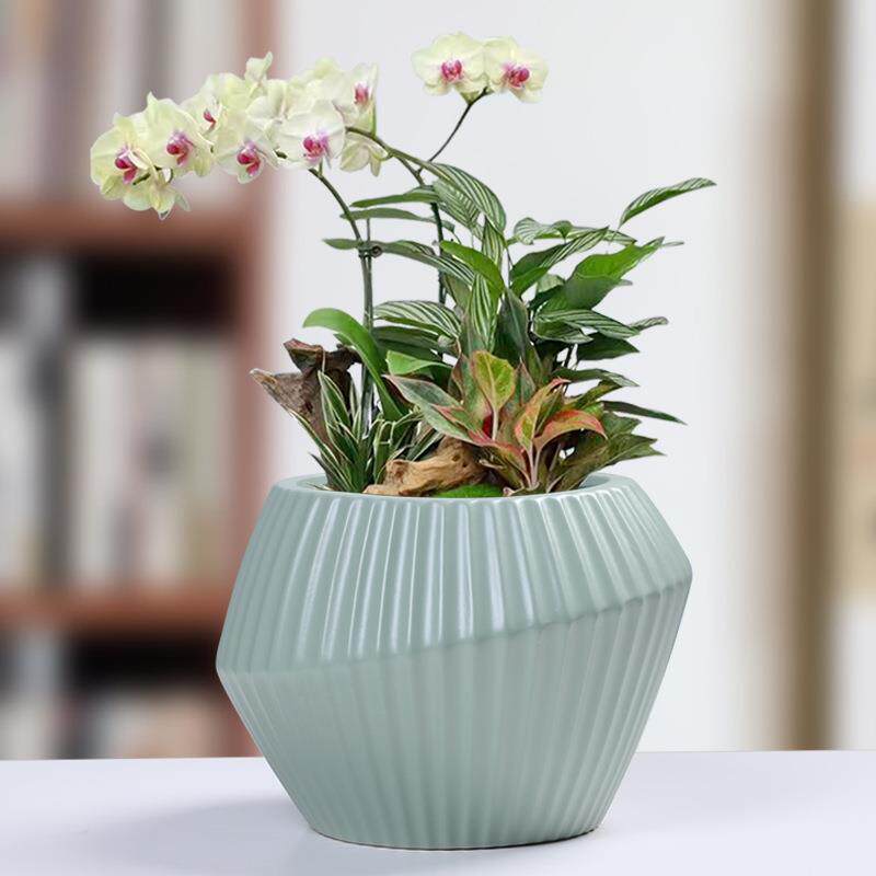 北欧简约大号陶瓷花盆竖纹创意个性盆栽家用阳台绿萝蝴蝶兰专用盆