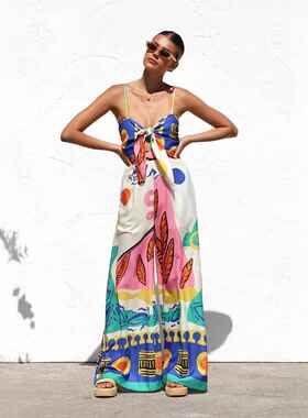 Waist hugging suspender wide leg straight leg jumpsuit