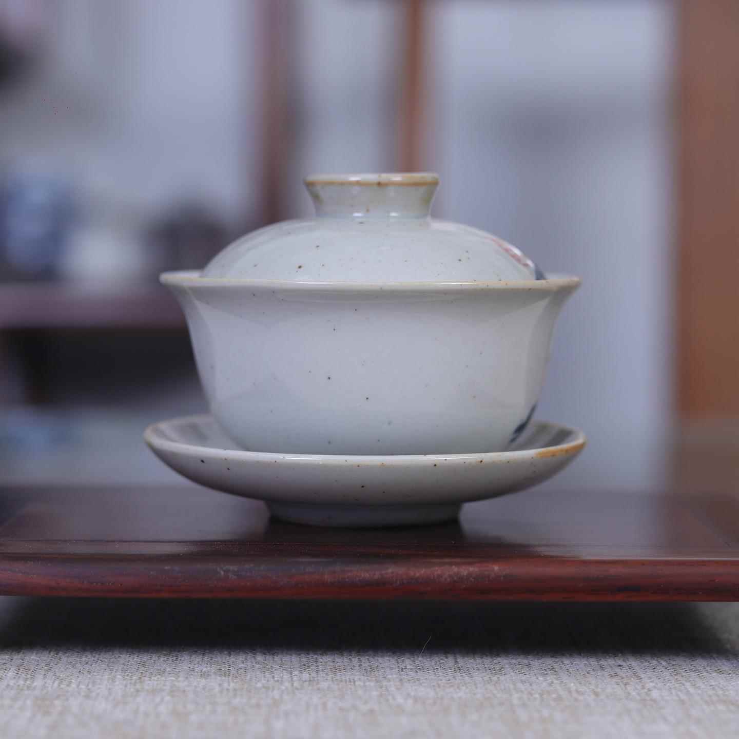 粗陶手绘三才杯盖碗仿古元宝茶碗泡茶器家用单个山水功夫茶