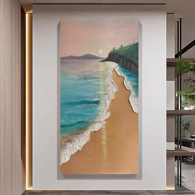 纯手绘油画立体肌理画玄关走廊过道装饰画沙滩日出海景挂画小众图片