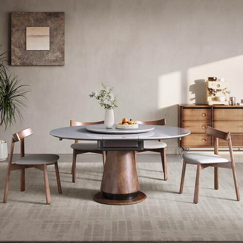 意式极简岩板实木餐桌椅现代高端家用圆形伸缩椭圆形饭桌2025新款