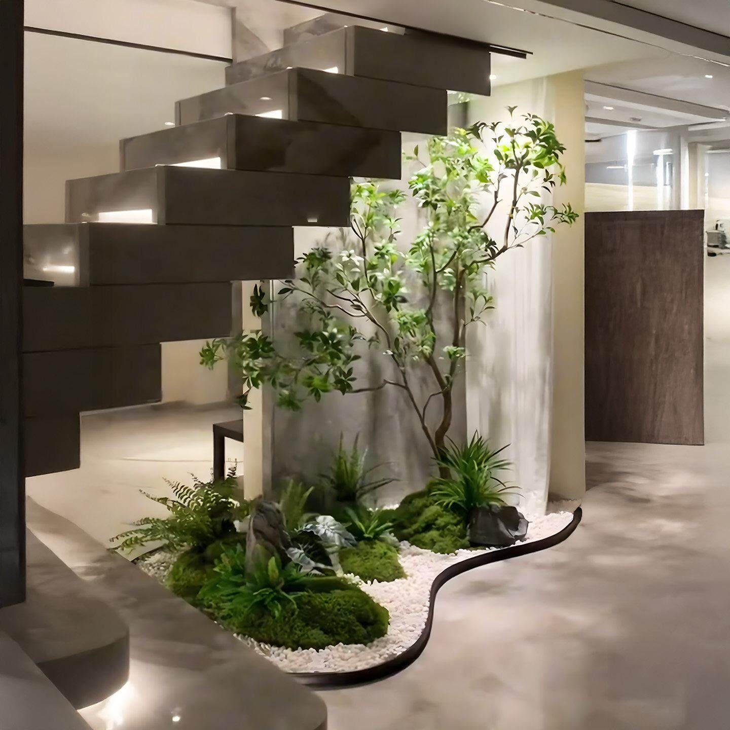 模拟绿色植物造景组合楼梯场景装饰室内角落布置假树景观植物装饰
