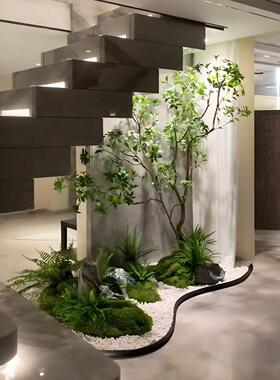 模拟绿色植物造景组合楼梯场景装饰室内角落布置假树景观植物装饰