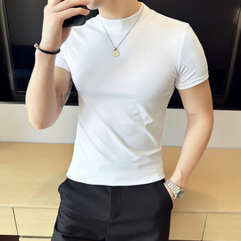 白色短袖t恤男半高领，潮牌紧身弹力内搭中高领，韩版潮流修身打底衫