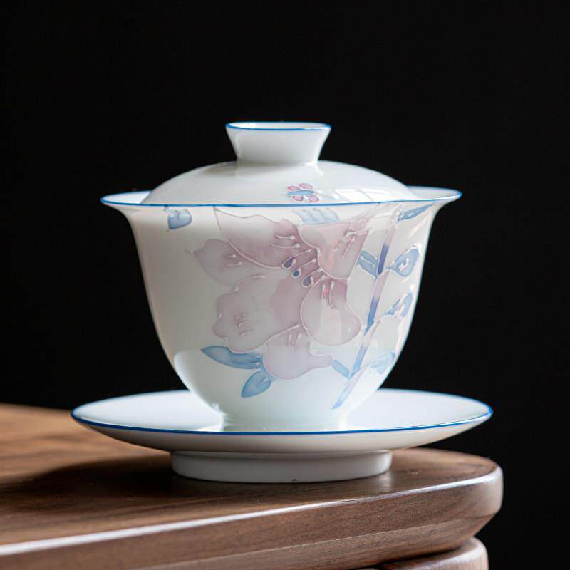 手绘百合三才盖碗茶杯陶瓷茶具白瓷功夫茶具茶碗家用不烫手泡茶器