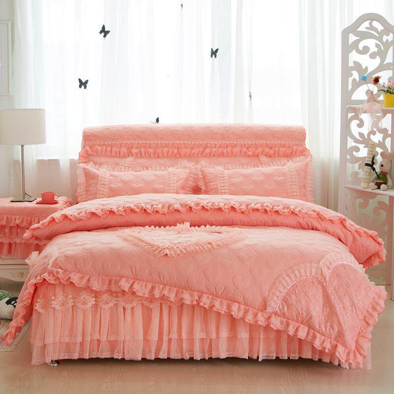 高档欧式夹件套带床裙款公主风四磨毛加棉裸睡四季款蕾丝床罩厚床