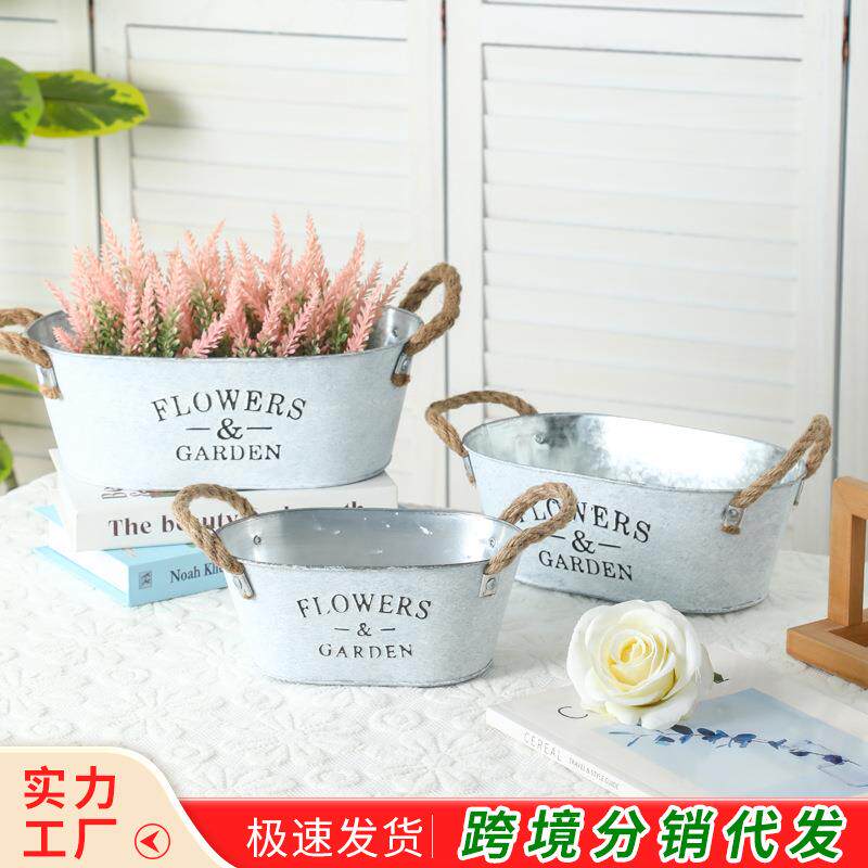 田园风椭圆形铁皮花盆麻绳把手绿植桌面花盆多肉植物复古做旧花器