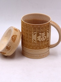 竹制带盖本色竹杯 带把喝水茶杯阳雕雕刻带柄杯工艺杯子