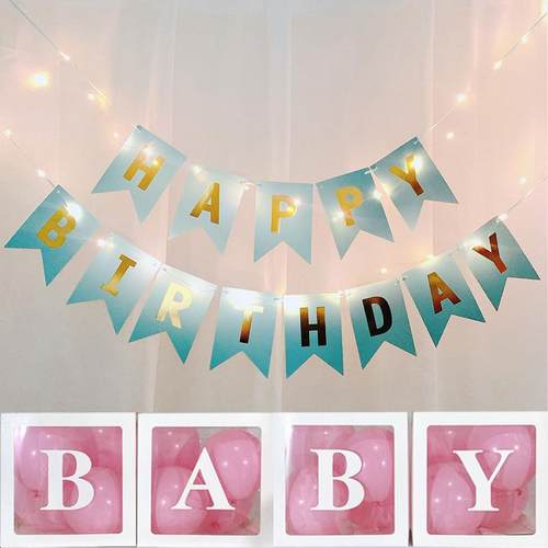 新款直销生日拉旗彩旗横幅带灯串宝宝周岁儿童派对趴体装饰背景墙