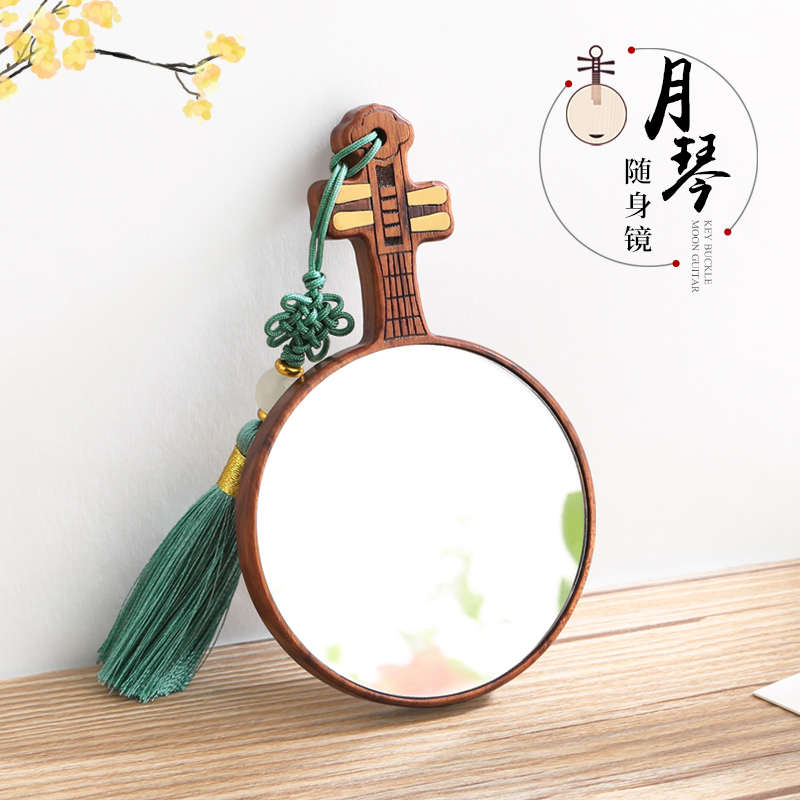 女随身镜便携小圆化妆镜子 轻奢高级实木古风花知晓手柄手持镜