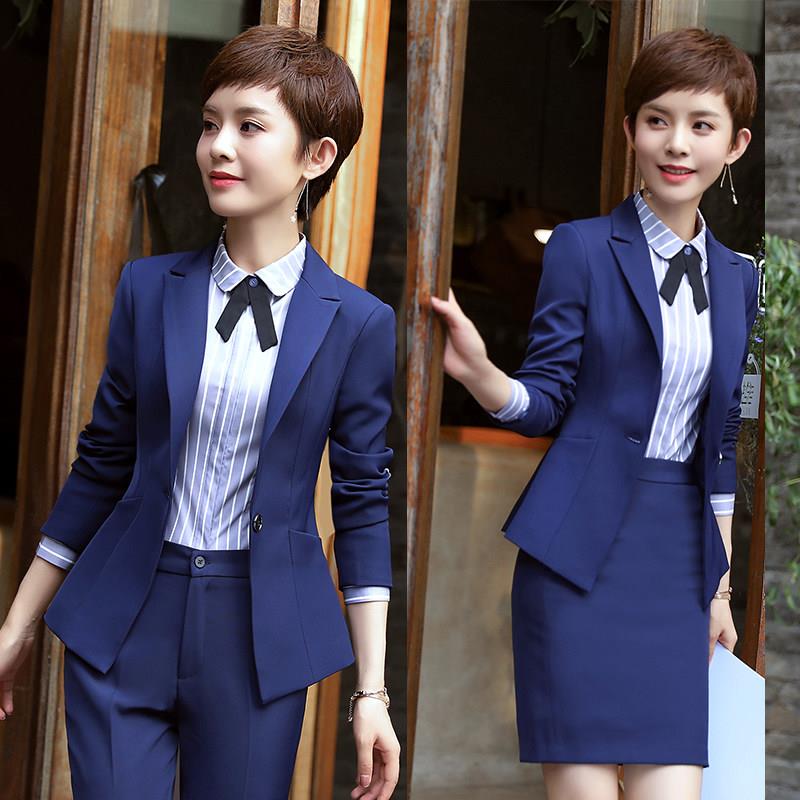职业西装套装女春秋韩版时尚气质女神范面试正装西服藏蓝色工作服