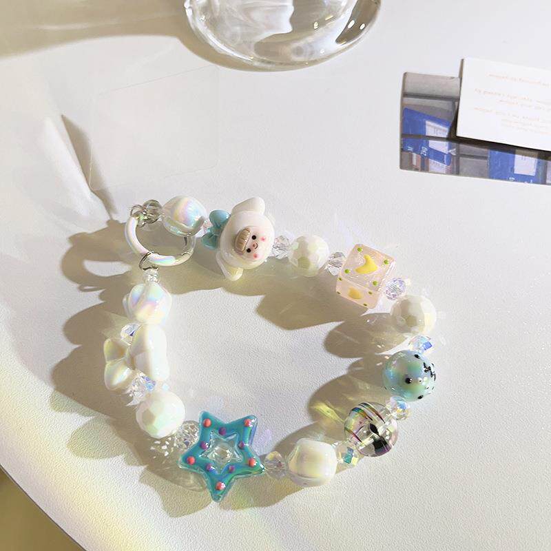 小清新夏日蓝色星星蝴蝶手工串珠手腕绳通用手机壳耳机套手机挂绳