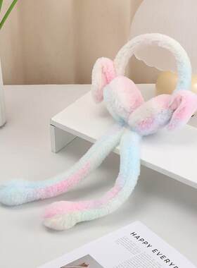 会动耳朵兔耳罩女童冬季保暖防寒可爱毛绒耳包儿童卡通加厚耳暖宝