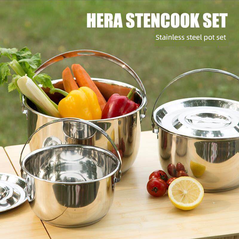 加厚三层底无磁不锈钢野餐锅具户外野营套锅煮汤煮饭锅吊锅手提锅