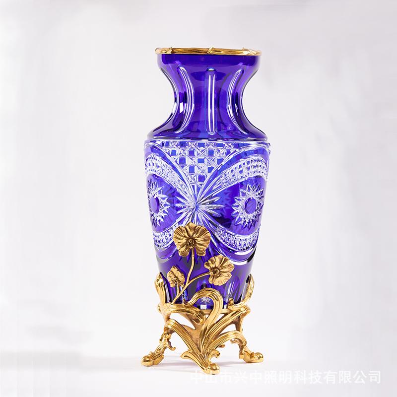 法式水晶镶铜配铜花瓶摆件欧式家居饰品美式软装高档奢华花瓶摆设