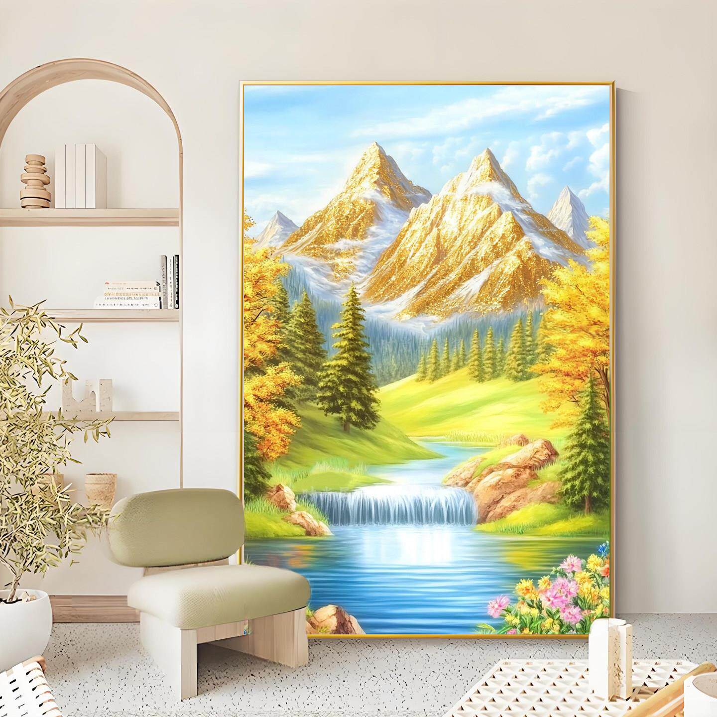 背靠金山客厅沙发背景墙装饰画山水风景流水生财玄关挂画餐厅壁画