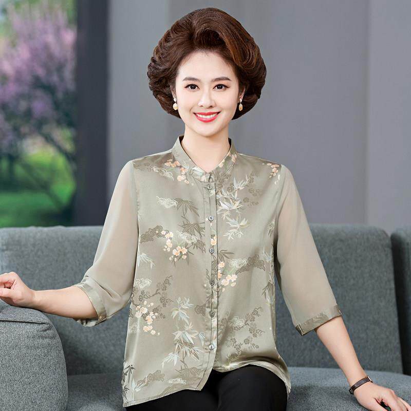 贵夫人新品妈妈夏装真丝衬衫纱袖时尚中老年妇女桑蚕丝七分袖上衣