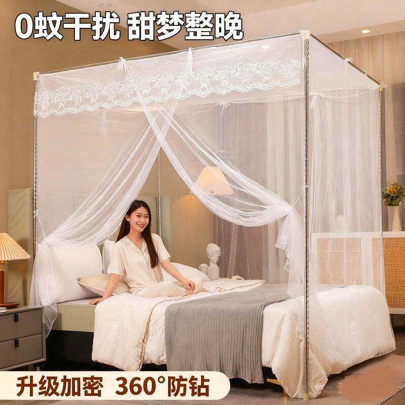 新款蚊帐家用卧室单开门宫廷蚊帐浪漫公主风加密网纱带杆子