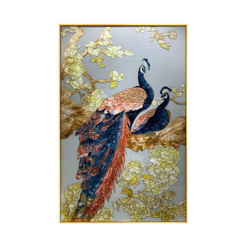 纯手工珐琅彩装饰画客厅沙发背景墙挂画卧室玄关双孔雀艺术壁画