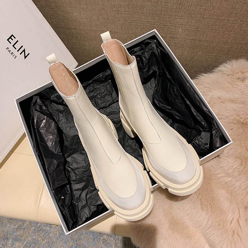 JOVKATTI女款英伦风短筒马丁靴 粗跟厚底真皮切尔西靴