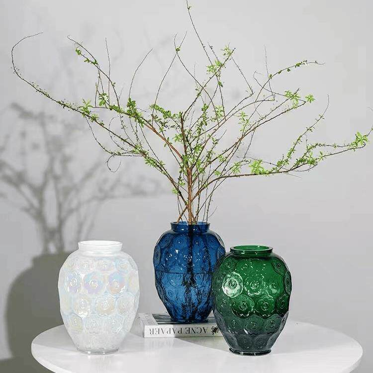 欧式轻奢复古浮雕玻璃花瓶摆件客厅插花水培鲜花干燥花装饰品餐桌
