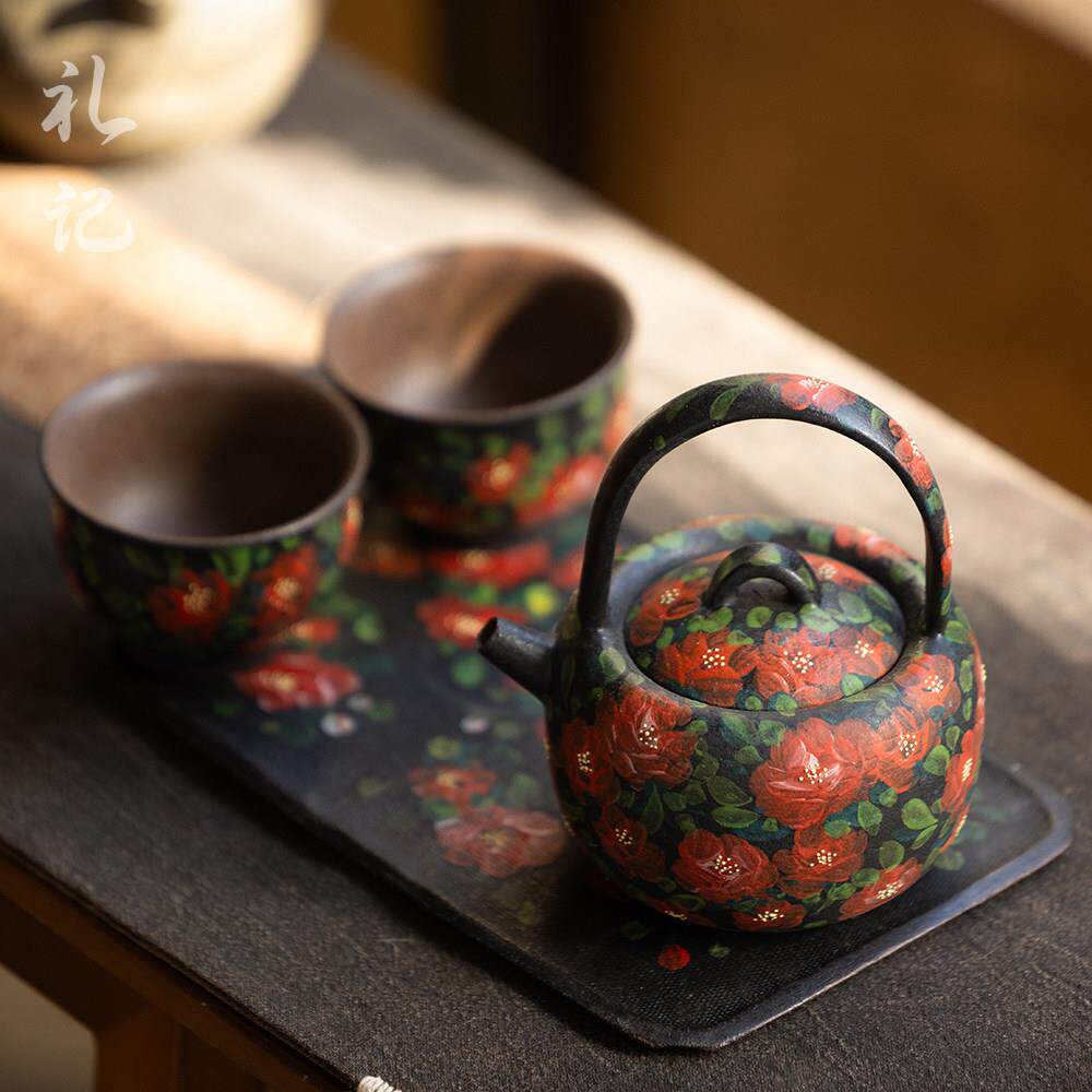 景德镇手绘新中式花卉釉下陶瓷茶壶玫瑰茶杯套装办公复古功夫茶具
