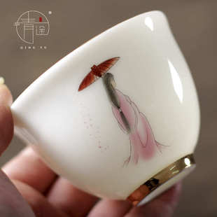 羊脂玉瓷古风人物主人单杯陶瓷茶具描金茶盏茶盅品茗茶杯家用瓷器