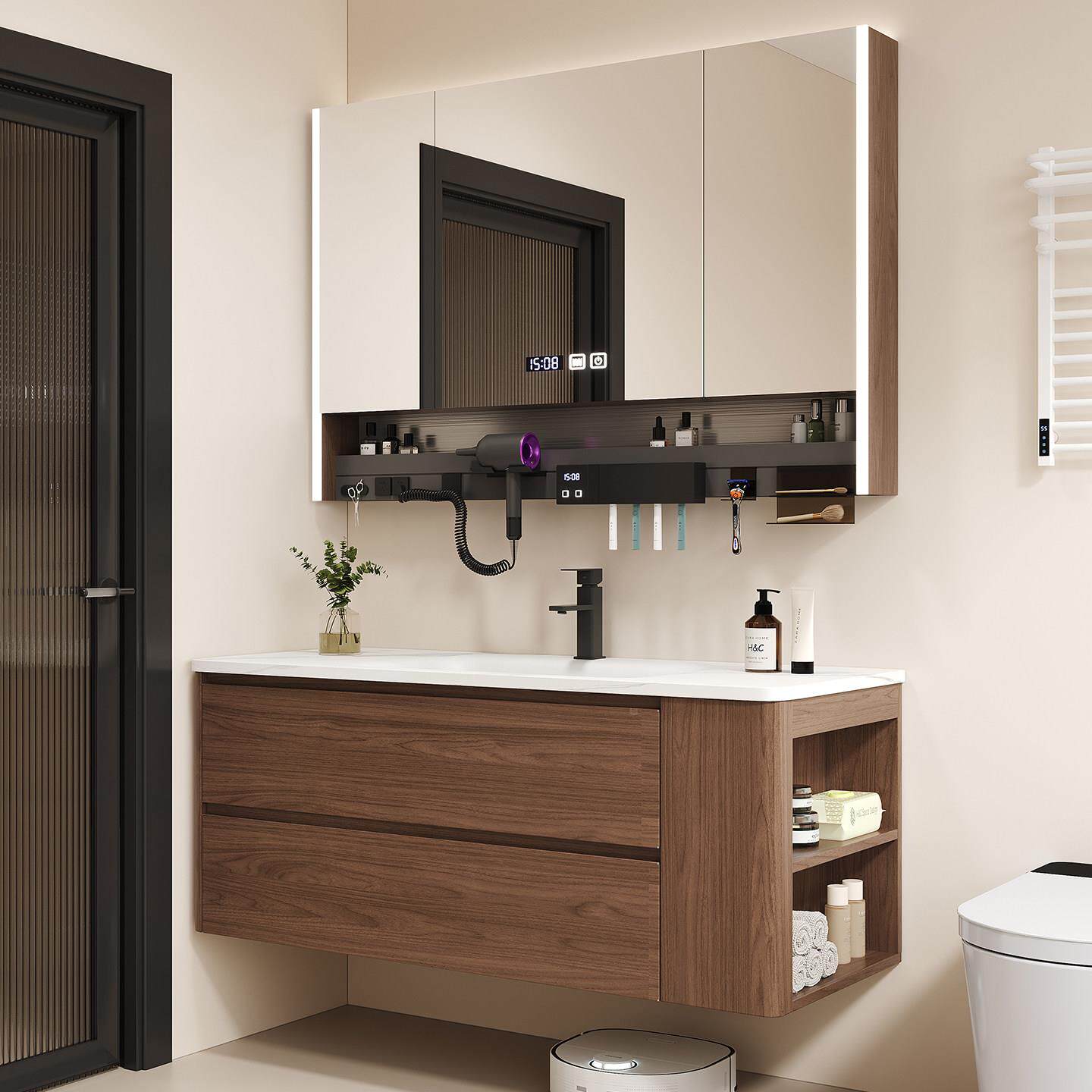 胡桃木色不锈钢浴室柜侧边收纳岩板一体盆洗手盆组合洗漱台中古风