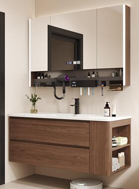 胡桃木色不锈钢浴室柜侧边收纳岩板一体盆洗手盆组合洗漱台中古风