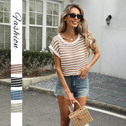 Women's hooded knitted round neck striped top