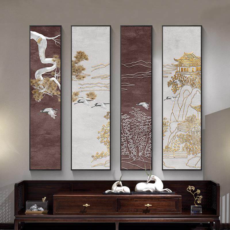 新中式客厅沙发背景墙装饰画中国风茶室挂画竖版四联中堂壁画茶馆