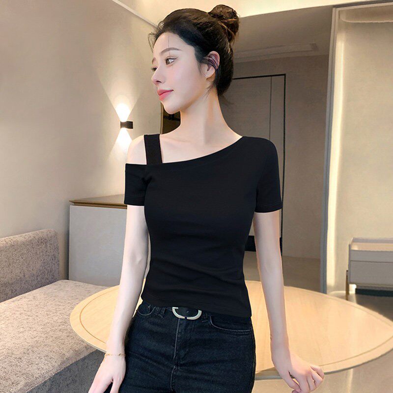 黑色斜肩短袖t恤女装2026新款夏季纯棉修身独特气质露肩绝美上衣