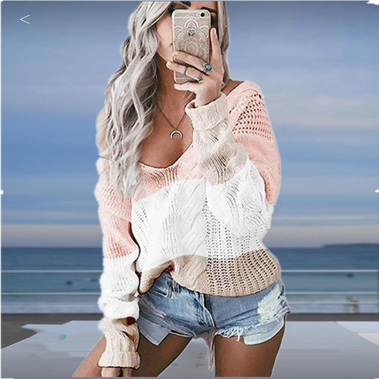 Womens knitted sweater solid color V-neck contrast color