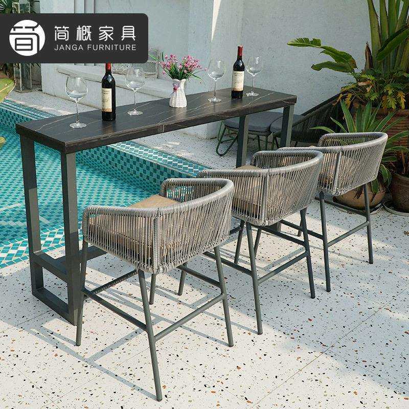 别墅花园庭院吧台吧椅休闲露台藤编脚凳酒店吧台椅岩板长桌组合