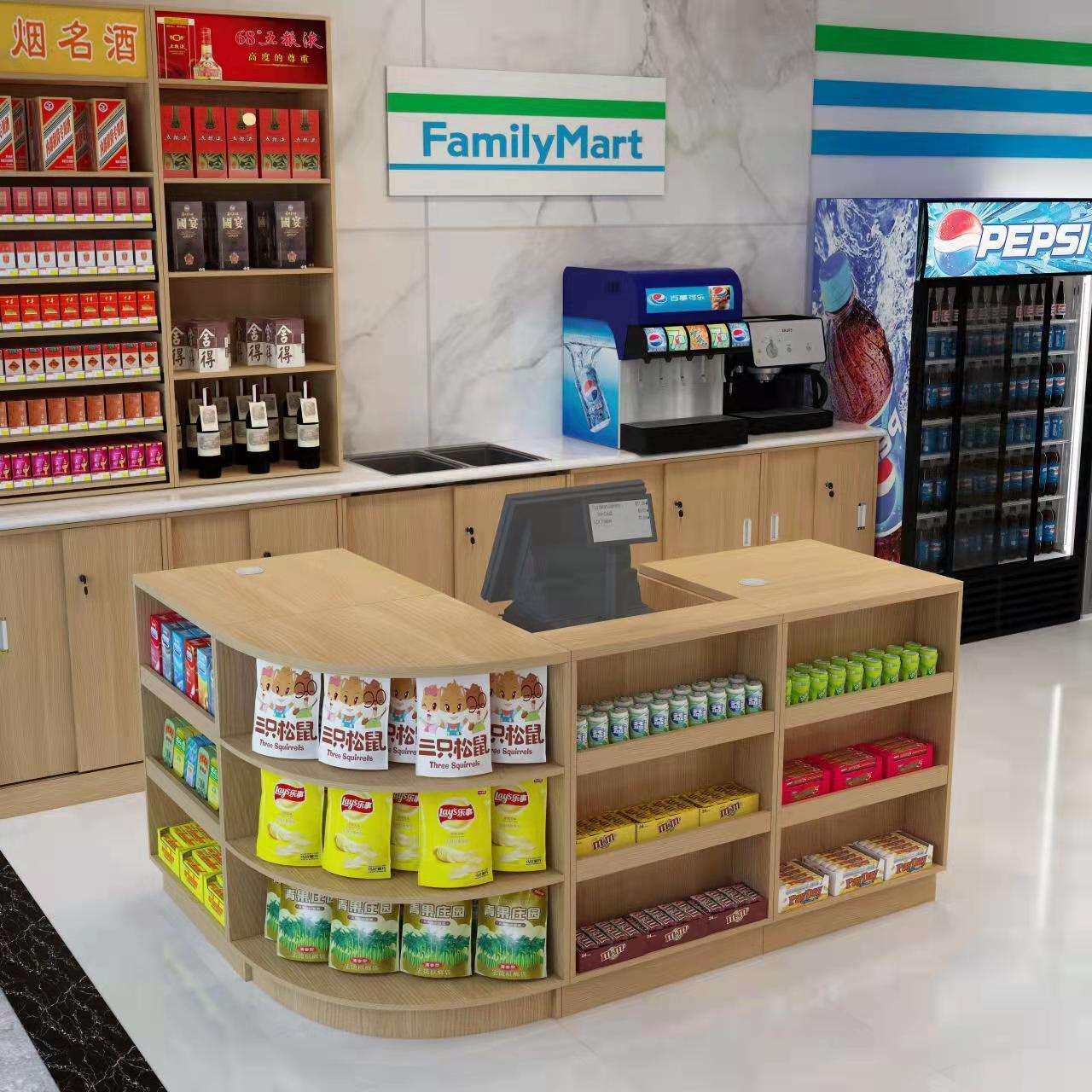 超市收银台 小卖部木质转角收银台 母婴店自由组合货架收银台